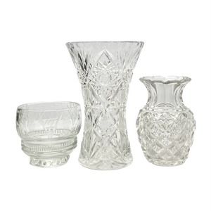 1970-80s Set of 3 American Cut/Etched Crystal & Glass Vases and Bowls 3.5”-7”
